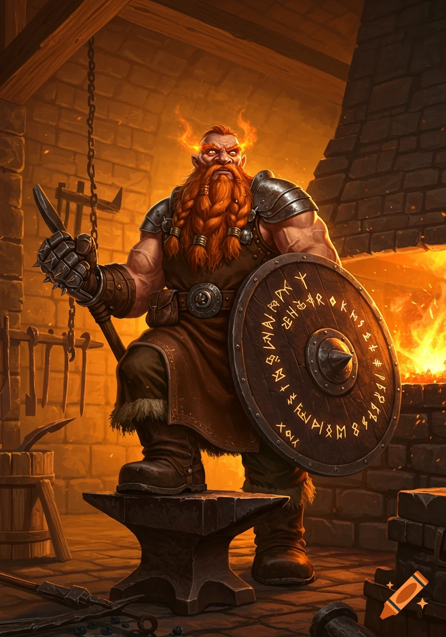 A powerful dwarven blacksmith with fiery horns stands in a glowing forge, holding a spiked gauntlet and an enruned shield.