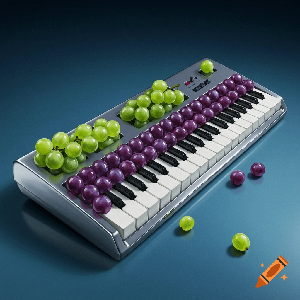 A silver electronic keyboard with green and purple grapes covering the keys and top surface, set against a dark blue background.