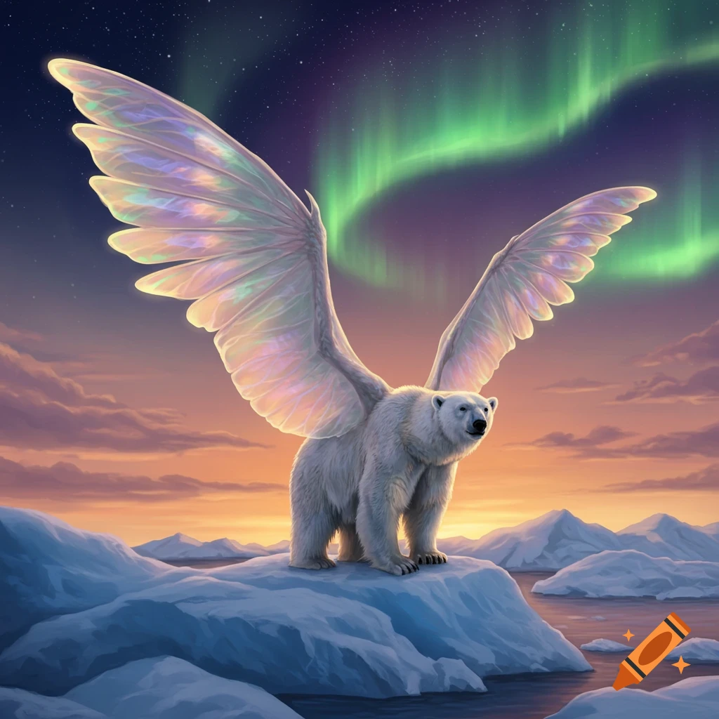 A majestic polar bear with large, iridescent wings stands on an ice floe under a night sky with aurora borealis.