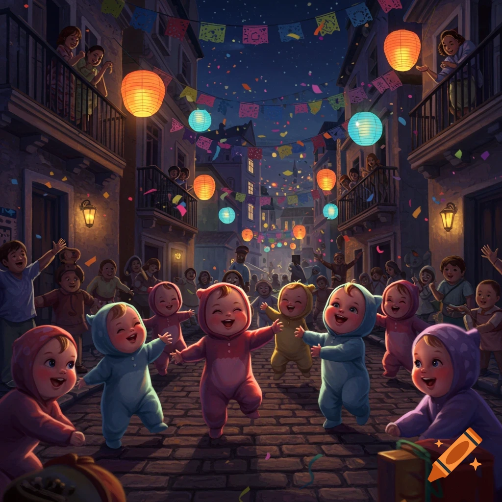 Whimsical illustration of happy babies in animal onesies dancing in a festive street at night with lanterns and confetti.