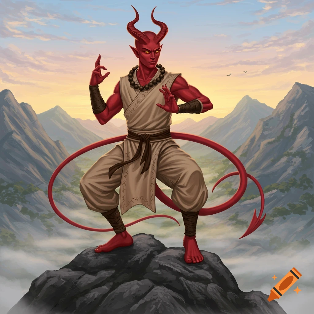 A red-skinned Tiefling monk with horns and a long tail in a martial arts pose on a rocky mountain peak against a sunset sky.