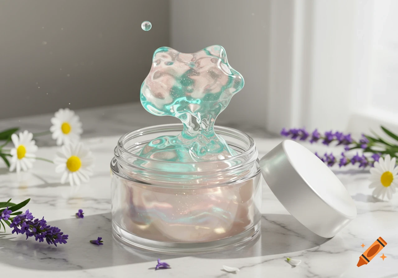 A clear glass jar filled with a shimmering, iridescent blue-green gel, with some gel emerging upwards. White daisies and purple lavender are scattered on a white marble surface.