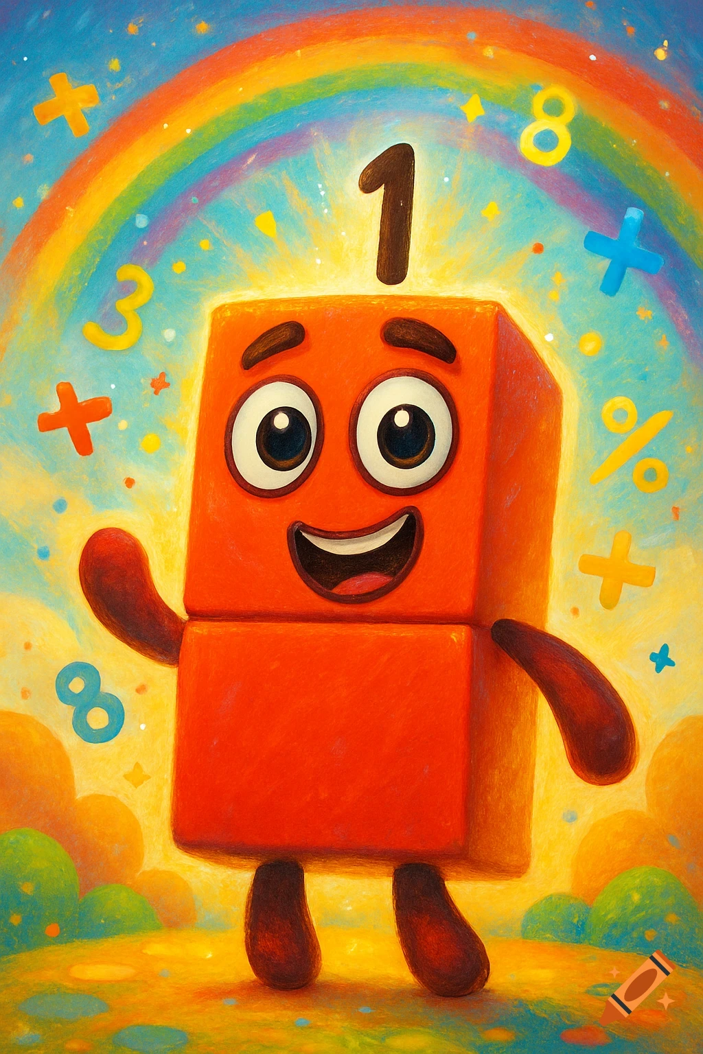 Cheerful orange block character with a large number 1, surrounded by numbers and math symbols, under a rainbow sky.