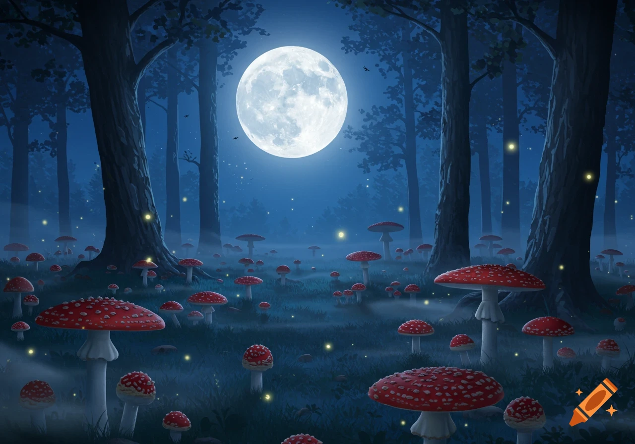 A mystical night forest scene with a big bright full moon, glowing fireflies, and a field of red and white spotted mushrooms.