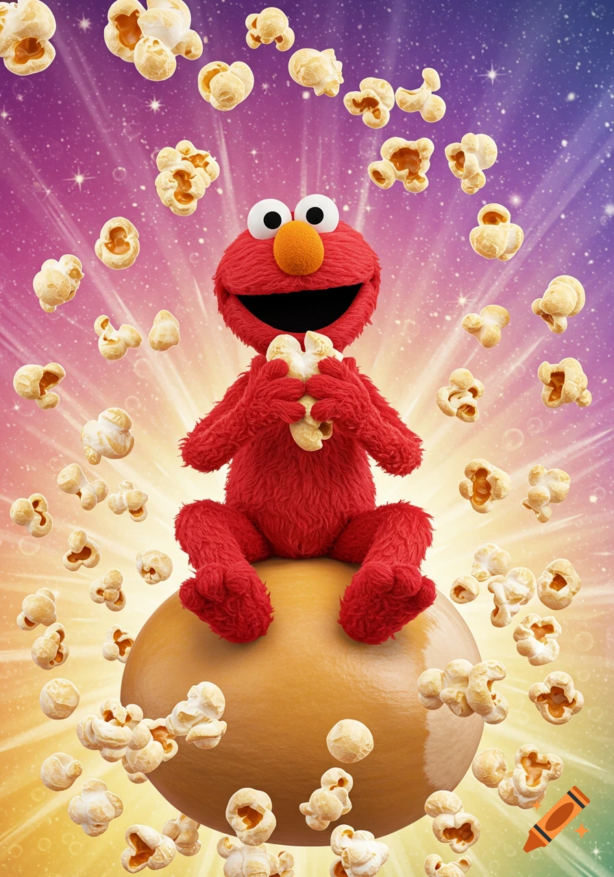 Elmo sits on a giant popcorn kernel, happily eating popcorn as more kernels float around him against a colorful, sparkling background.
