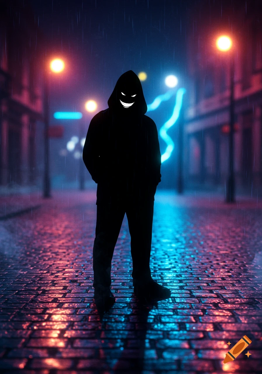 A dark, hooded figure with glowing eyes and a wide, toothy grin stands ...