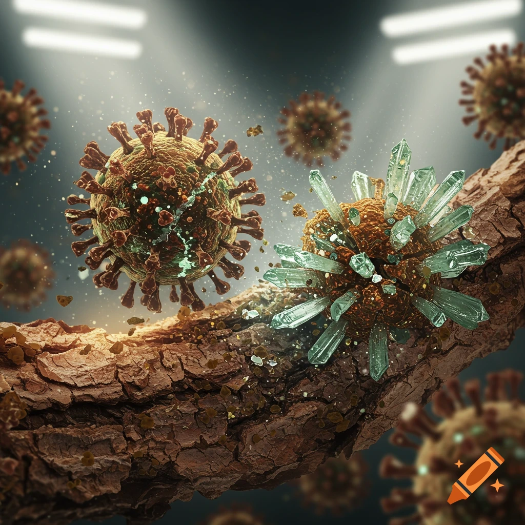 Photorealistic microscopic view of a large virus near detailed tree bark, with another crystalline virus structure embedded in the bark.