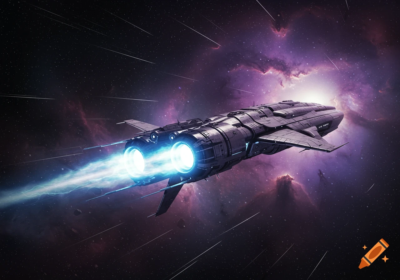 A futuristic battleship-like spaceship with bright blue engine thrusts flies through a vibrant purple and blue nebula in deep space.