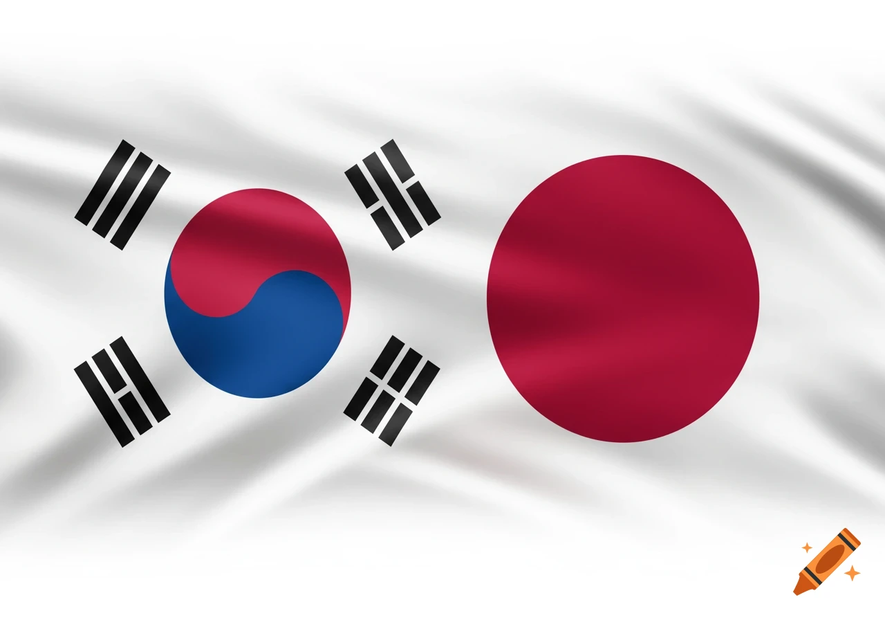 The South Korean flag on the left smoothly blends into the Japanese flag on the right, both appearing to wave softly.