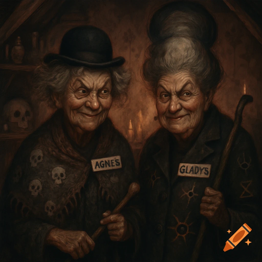 Dark fantasy painting of two smirking old women, Agnes and Gladys, wearing dark clothing with name tags, in a dimly lit, eerie room.
