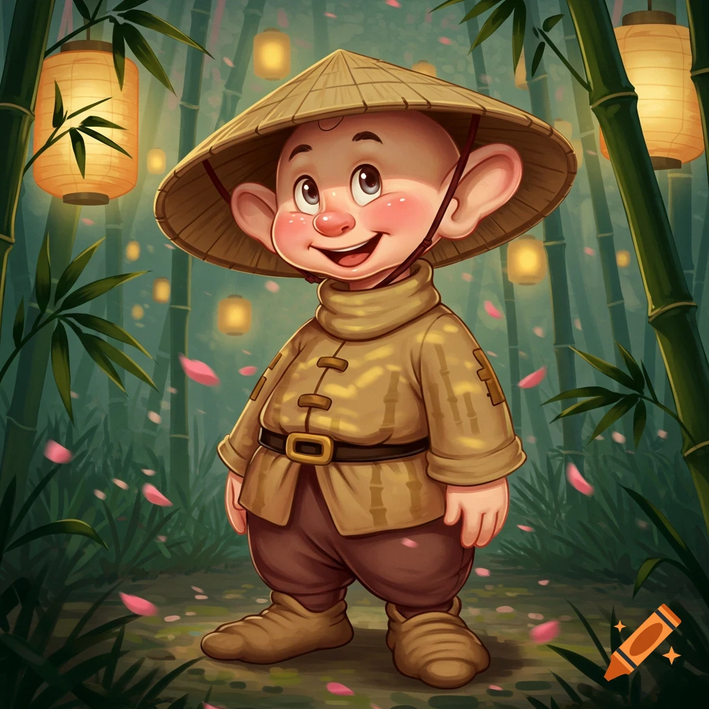 A smiling, bald cartoon character with big ears, resembling Dopey, wears a conical hat and traditional Asian clothing in a bamboo forest with lanterns.