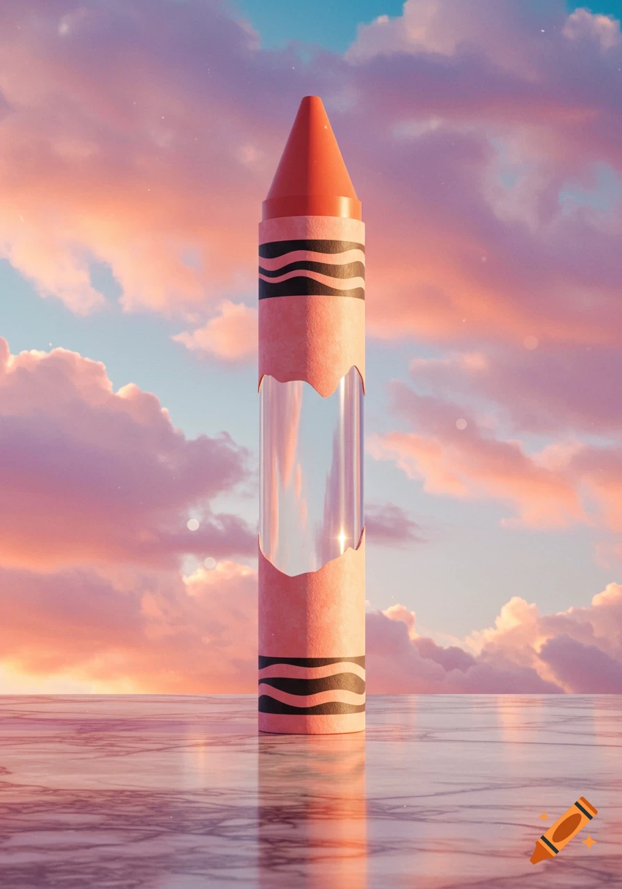 A giant peach-colored crayon with a clear, cylindrical window sits on a reflective surface under a vibrant pink and blue sunset sky.