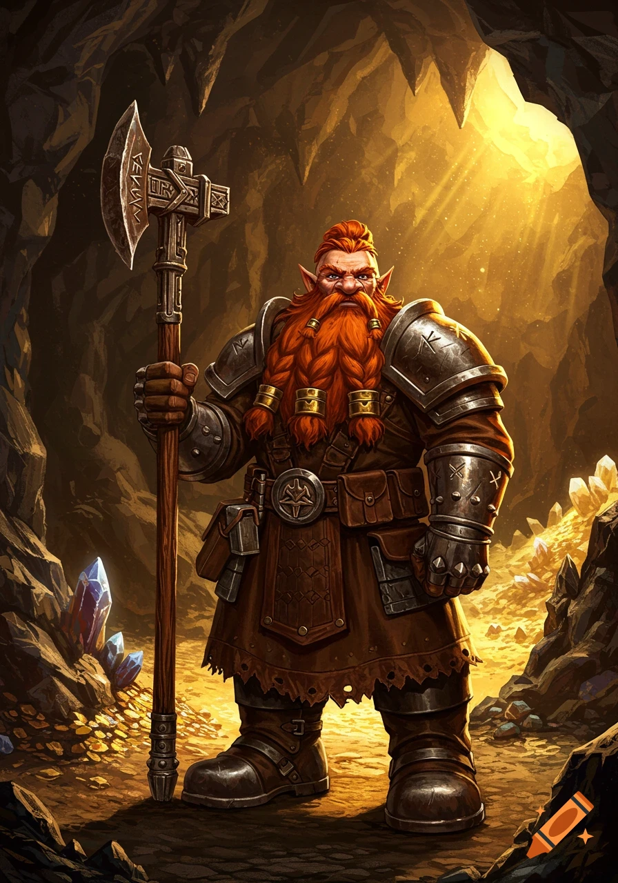 A red-bearded dwarf miner in armor holds a large axe in a cavern with glowing crystals and golden light.