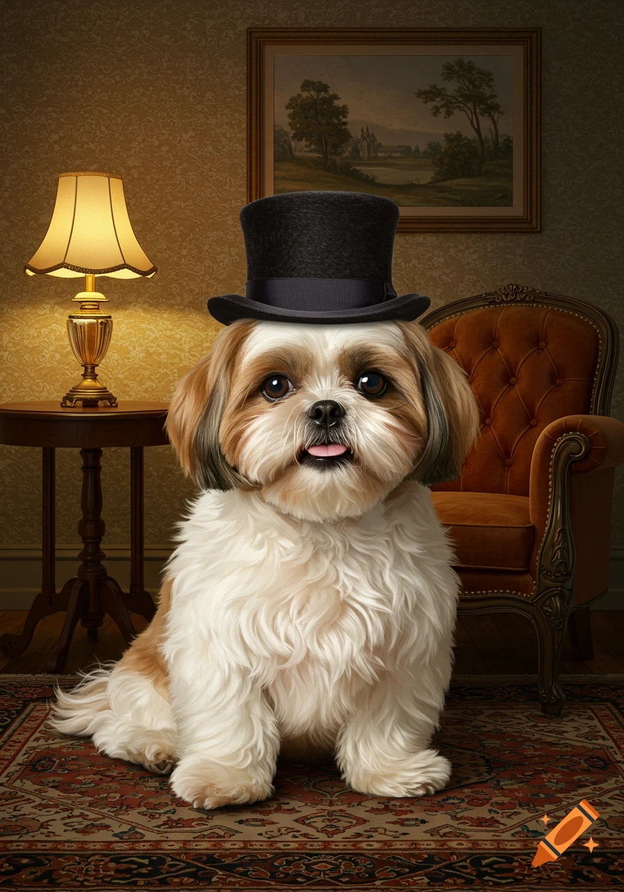 A shih tzu dog wearing a black top hat sits in a richly decorated room ...