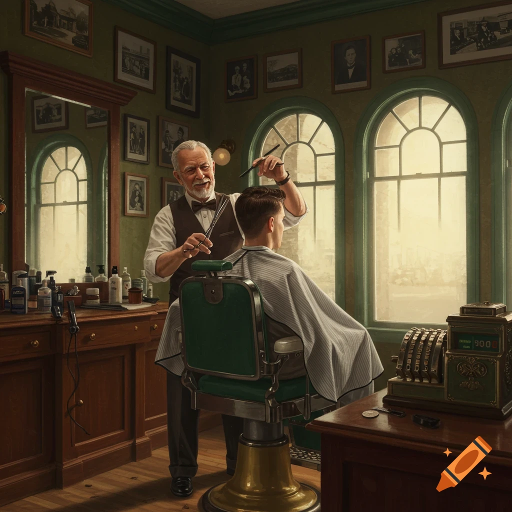An elderly barber smiles while cutting a young man's hair in a vintage barbershop with green walls, arched windows, and wooden furniture.
