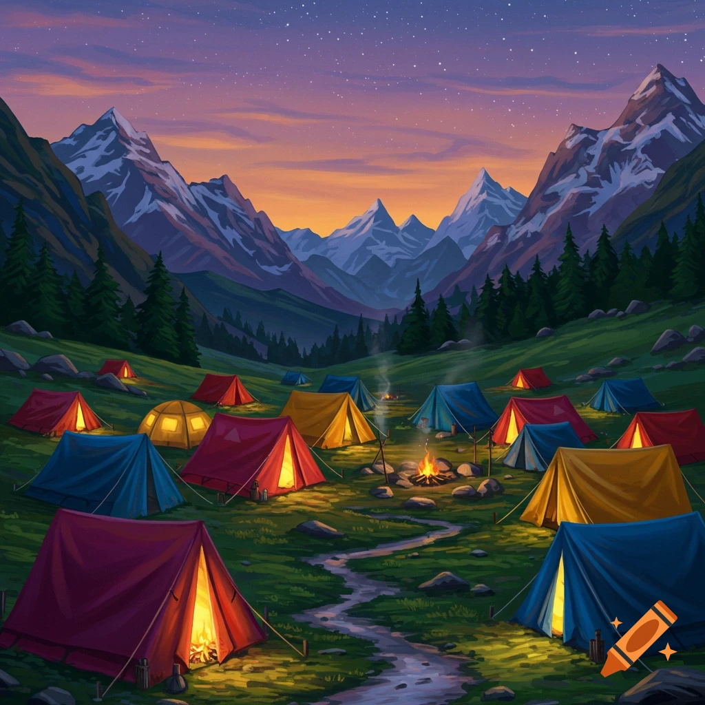 A vibrant, illustrative night scene of a mountain valley filled with many colorful tents with glowing interiors, a campfire, and a starry sky.