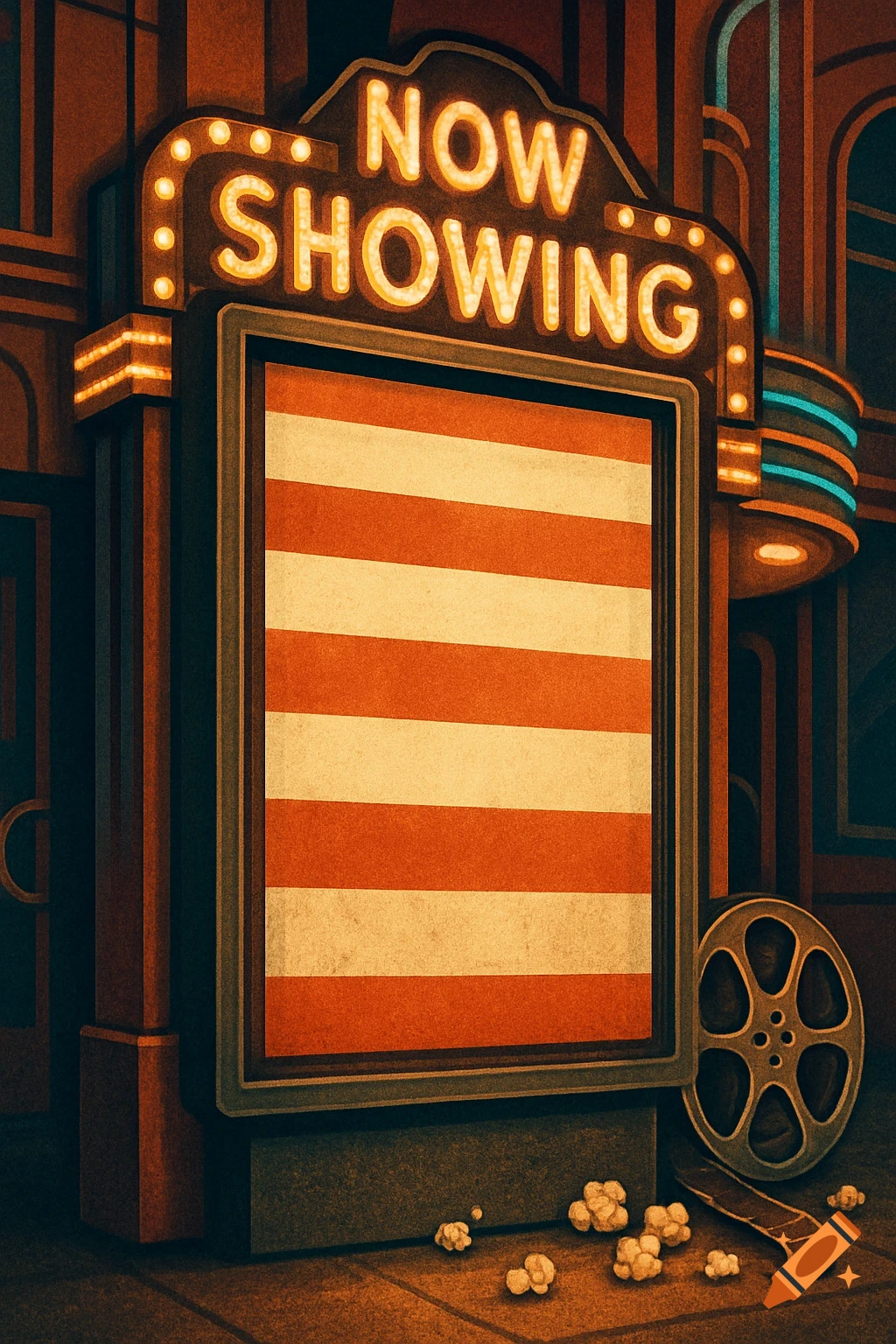 An old-fashioned movie theater marquee with "NOW SHOWING" text, a striped poster, a film reel, and spilled popcorn.