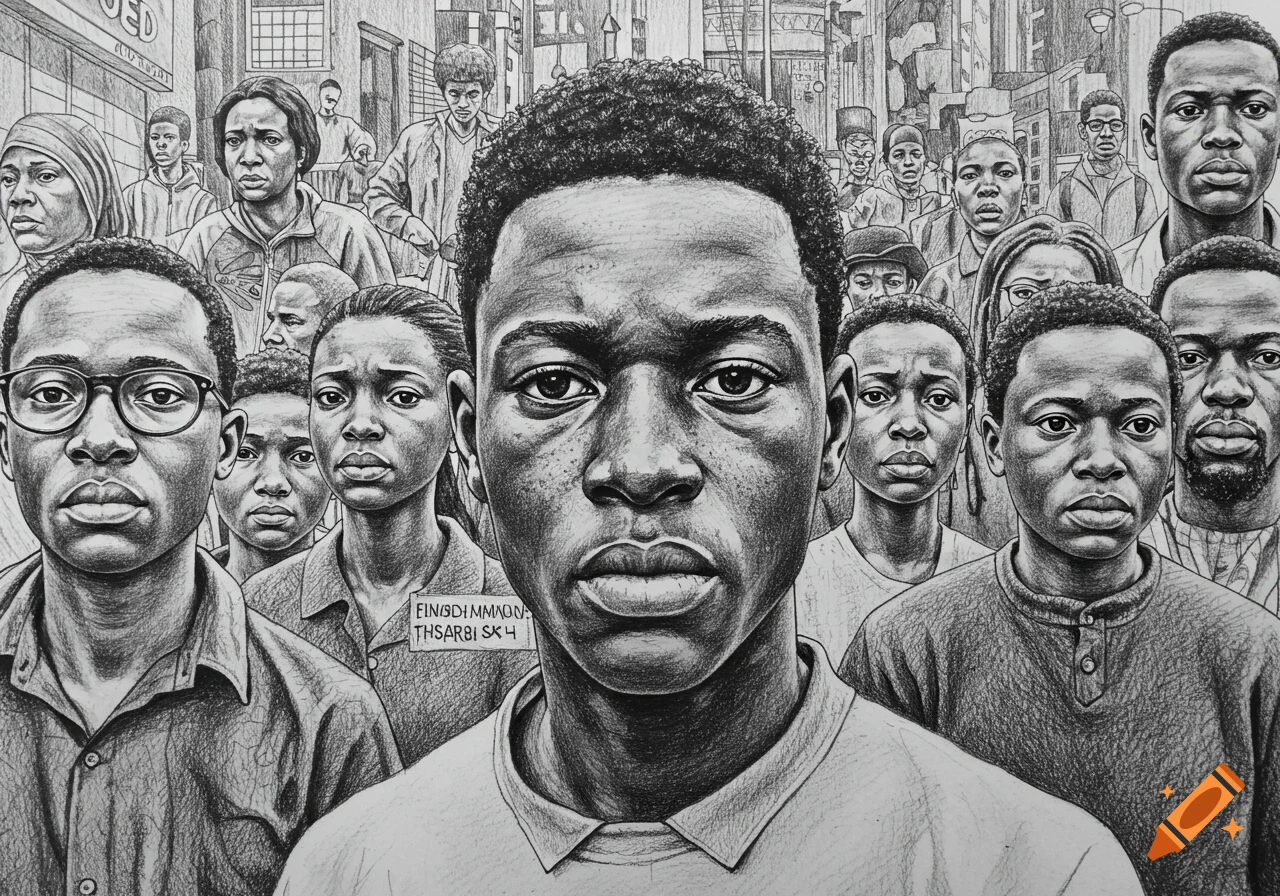 Detailed pencil drawing of a crowd of serious-faced African American people, many looking directly at the viewer, in an urban street.