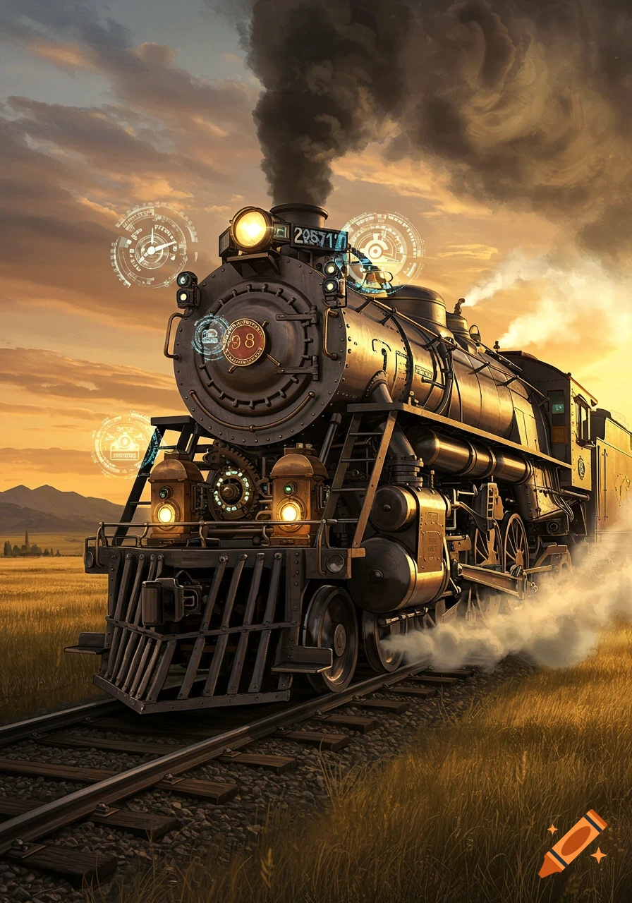 A detailed steampunk locomotive with glowing headlights and futuristic displays chugs through a golden field at sunset.