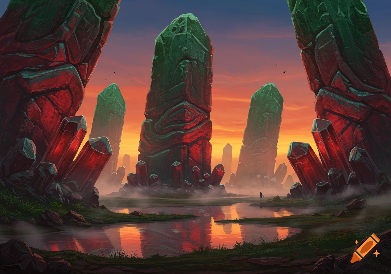 A dramatic fantasy landscape with towering green rock formations and glowing red crystals, reflected in calm water under a sunset sky. A lone figure stands in the distance.