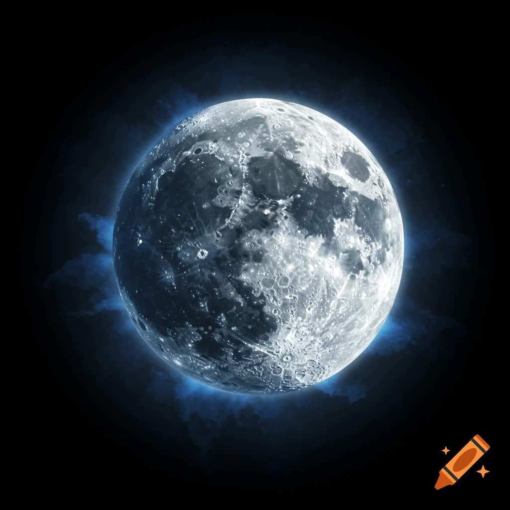 A detailed, glowing full moon against a dark, cloudy space background.