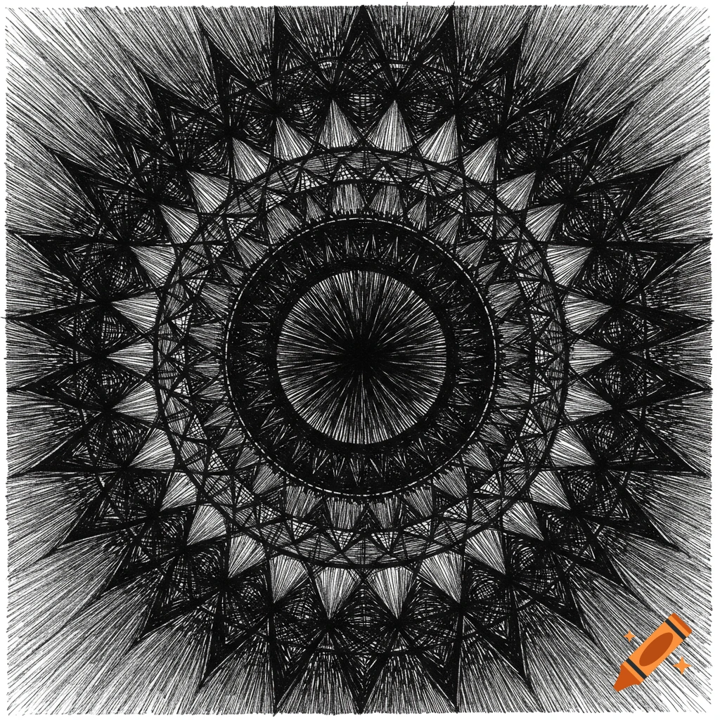 An intricate black and white radial design created with dense hatching ...