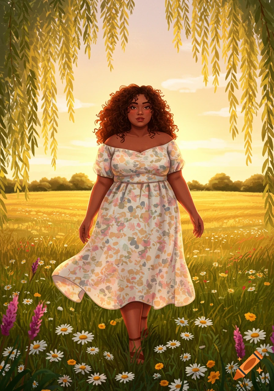 Illustrated woman with curly brown hair in a floral summer dress walks ...