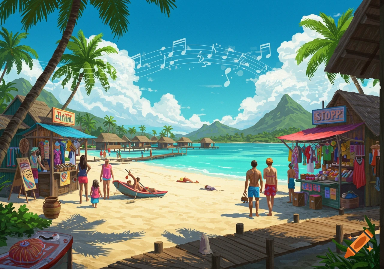 A vibrant cartoon-style illustration of a tropical beach with shops, palm trees, overwater bungalows, and people enjoying the sun, with musical notes floating in the sky.