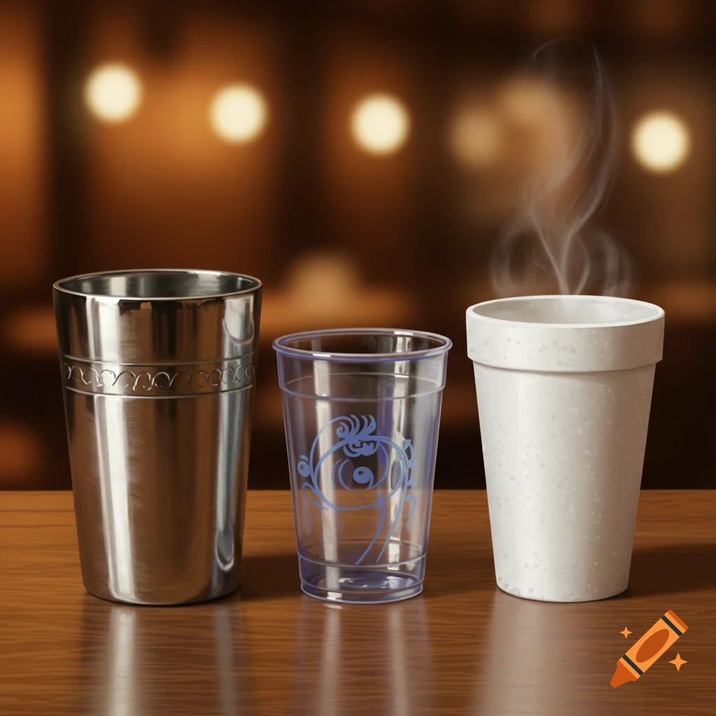 Three different cups: a shiny metal cup, a clear plastic cup with a blue design, and a white styrofoam cup with steam, on a wooden table.