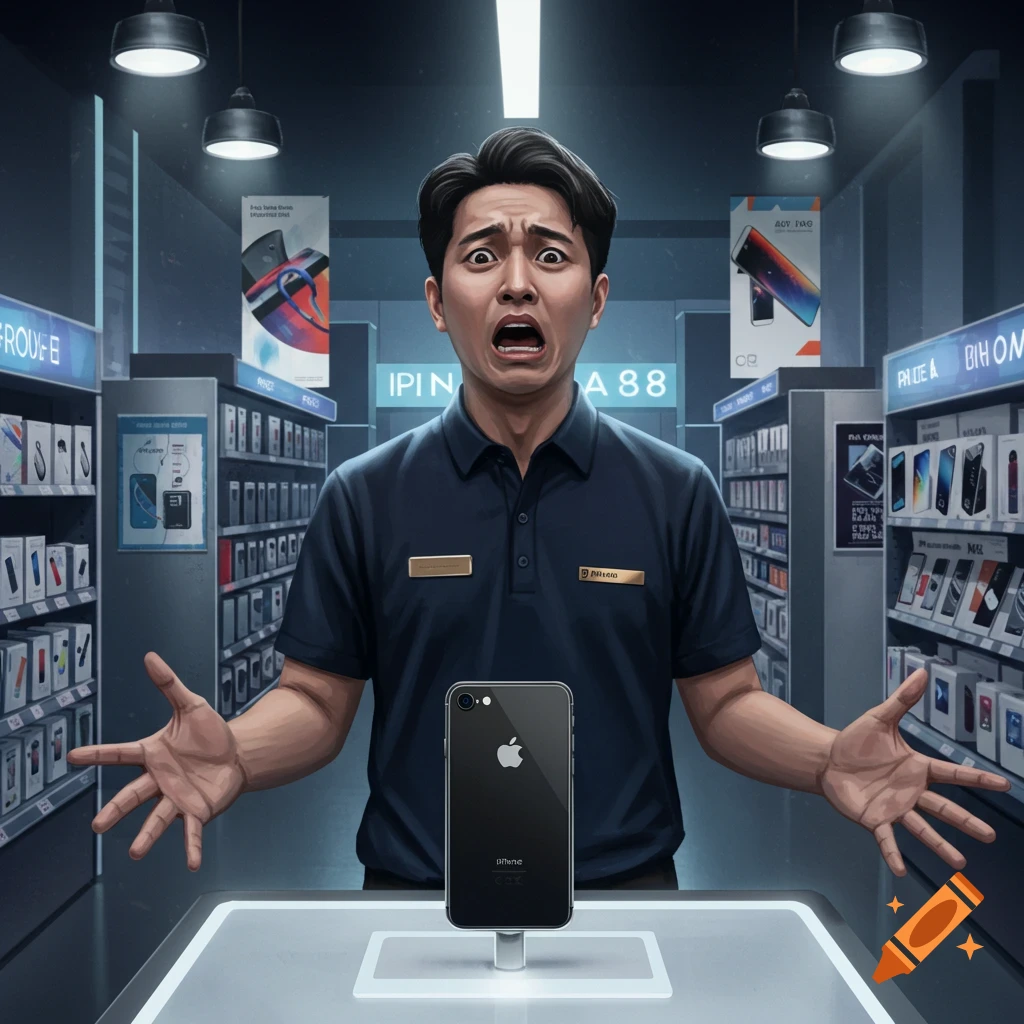 A man in a polo shirt with a shocked expression gestures with open hands behind a display iPhone in an electronics store.