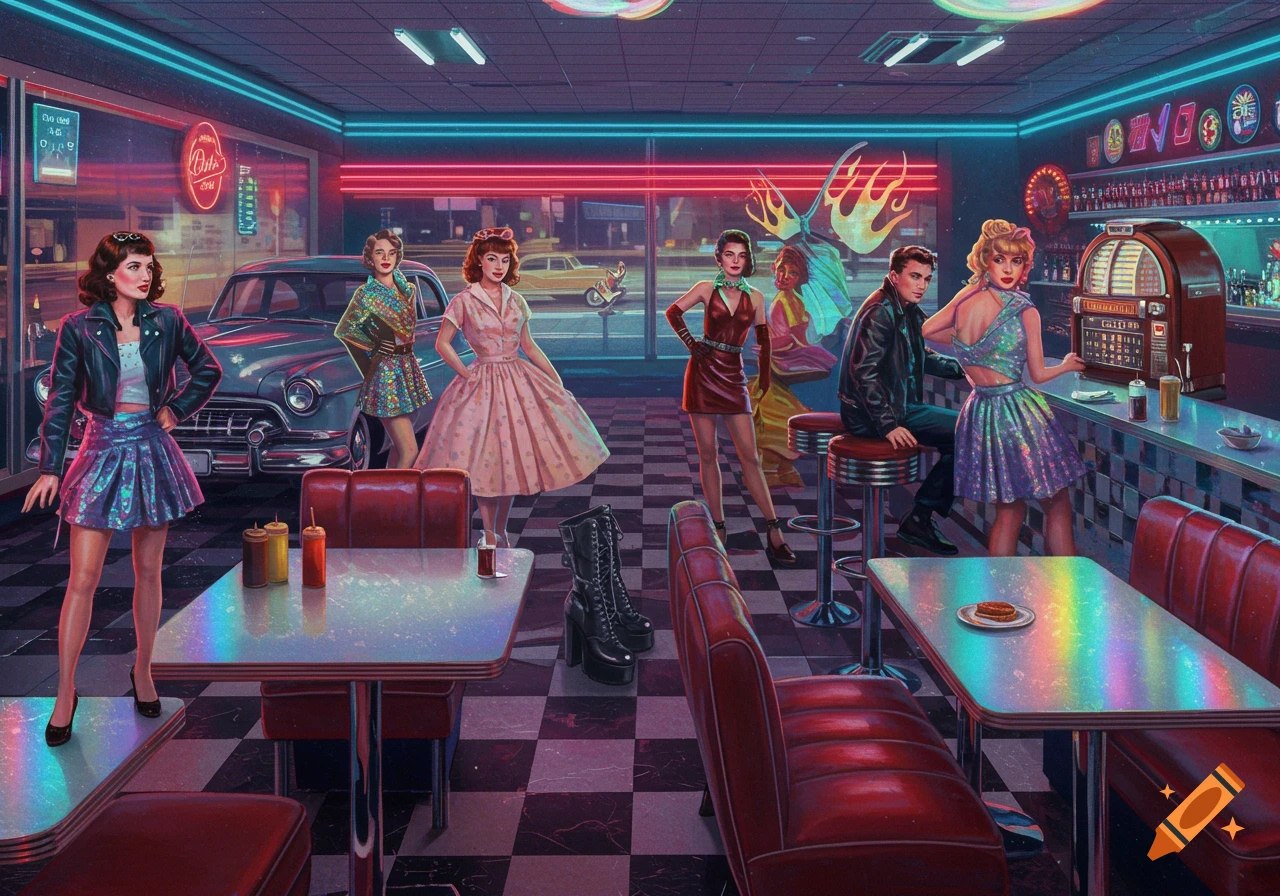 A vibrant retro-futuristic diner scene with people in 1950s attire, neon lights, classic cars visible outside, and iridescent tables.
