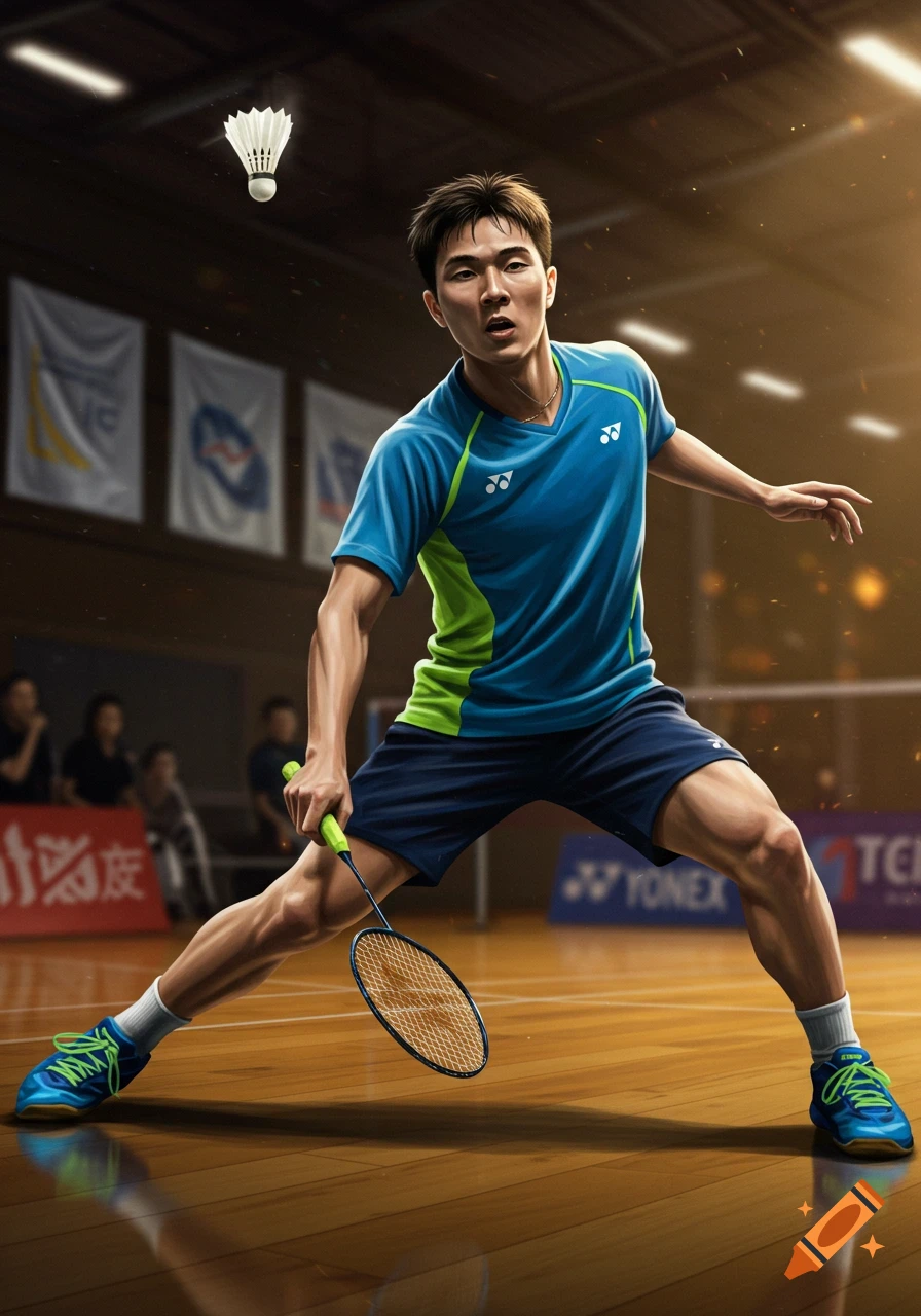 A male badminton player in a blue and green uniform lunges on a wooden court, holding a racket with a shuttlecock in the air.