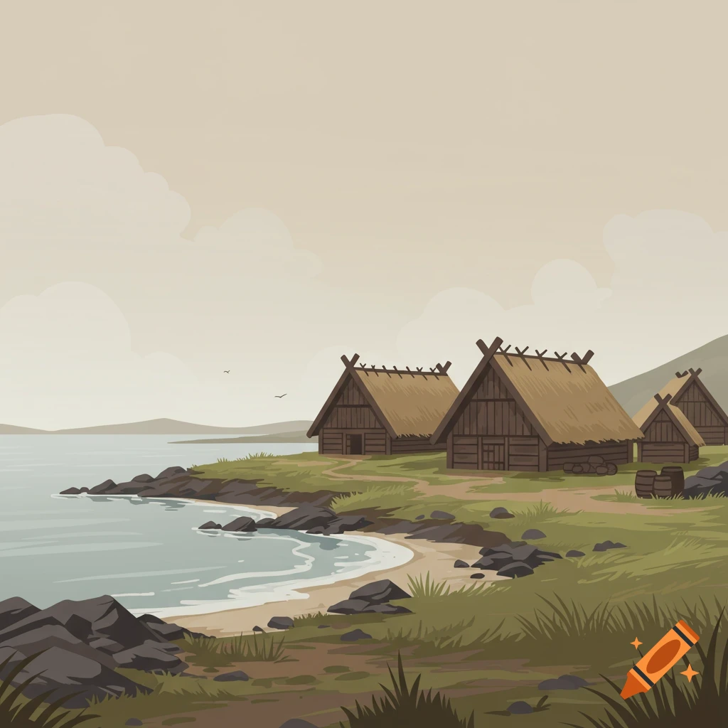 A simple vector art illustration of a Viking Age settlement with thatched roof houses along a rocky coastline next to a calm body of water under a cloudy sky.