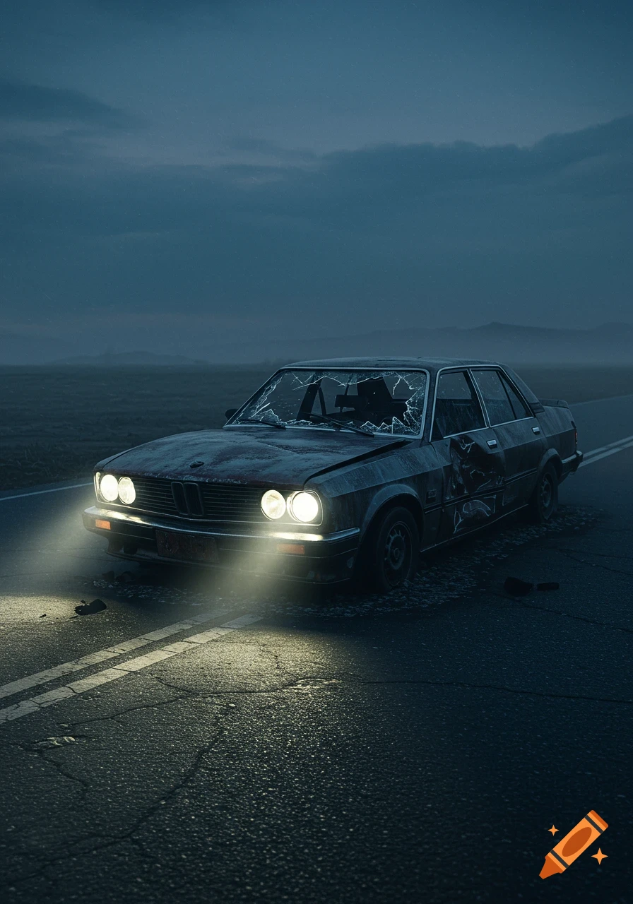 A wrecked, rusted car with its headlights on sits on a cracked road at dusk under a cloudy sky.