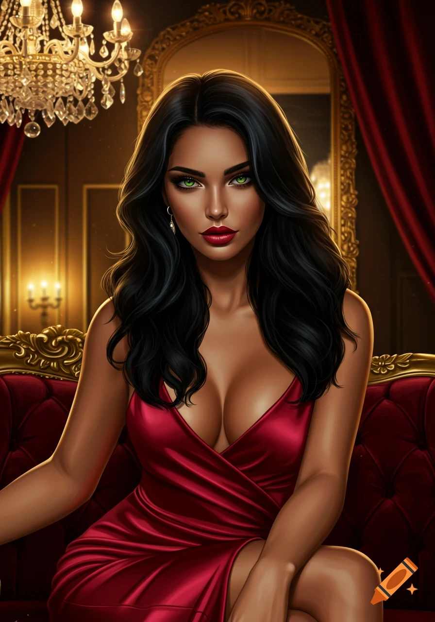 A glamorous woman with dark hair and green eyes in a red dress sits on a red and gold sofa in a luxurious room. Digital art.