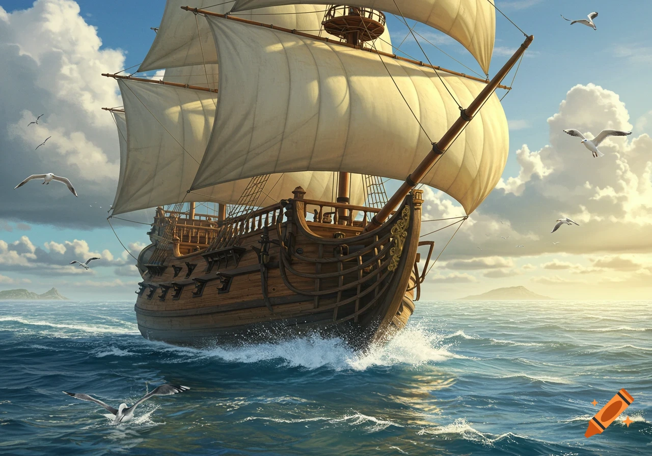 A grand wooden sailing ship with many white sails cuts through blue ocean waves under a partly cloudy sky with seagulls flying around.