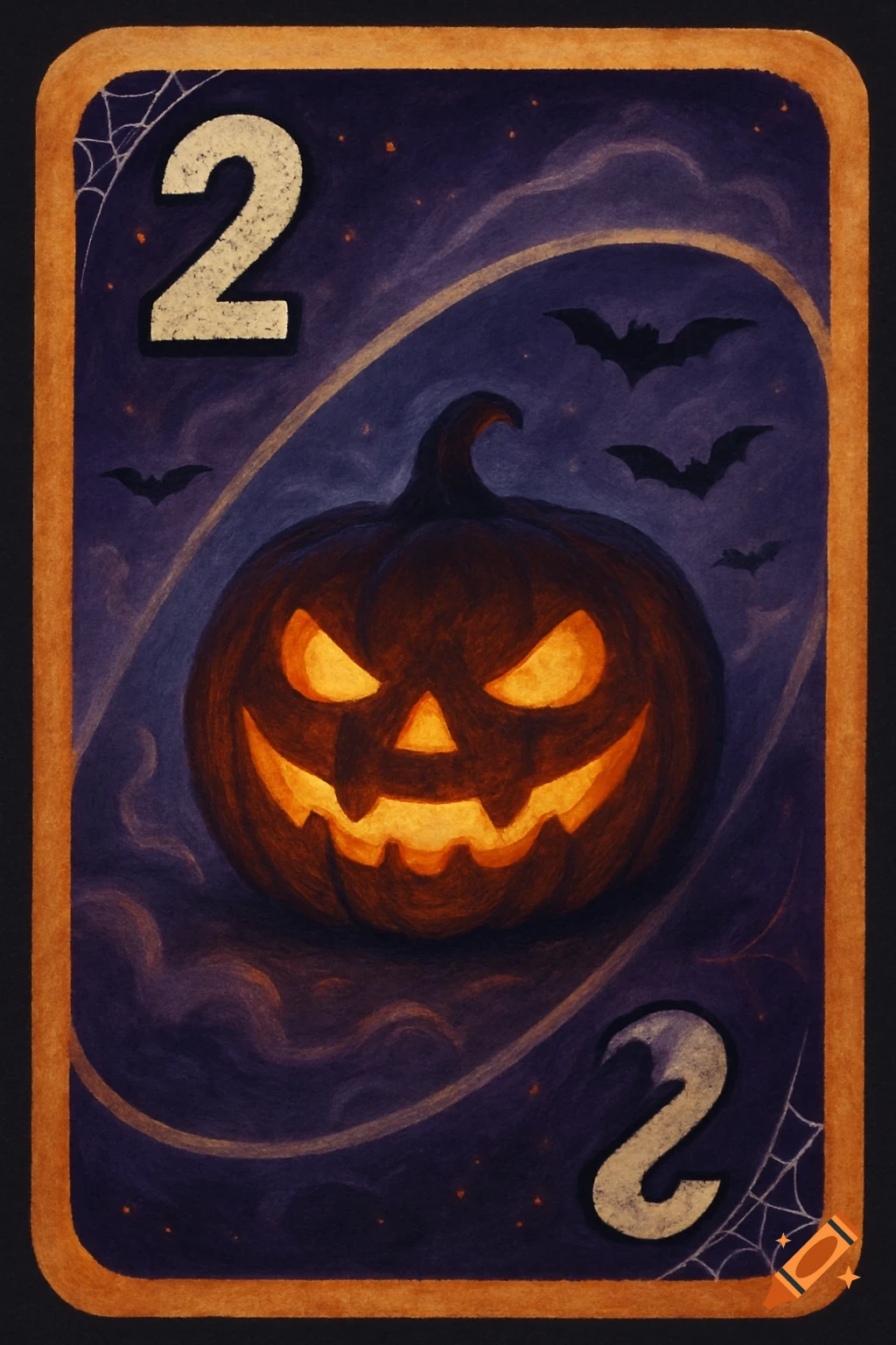 A Halloween-themed playing card features a glowing jack-o'-lantern, bats, and the number two against a dark, starry sky.