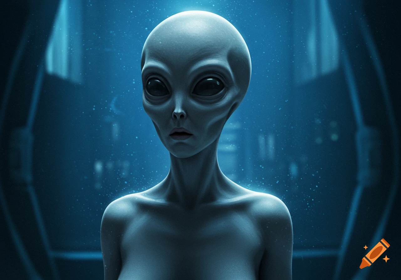 A detailed portrait of a classic grey alien with large dark eyes ...