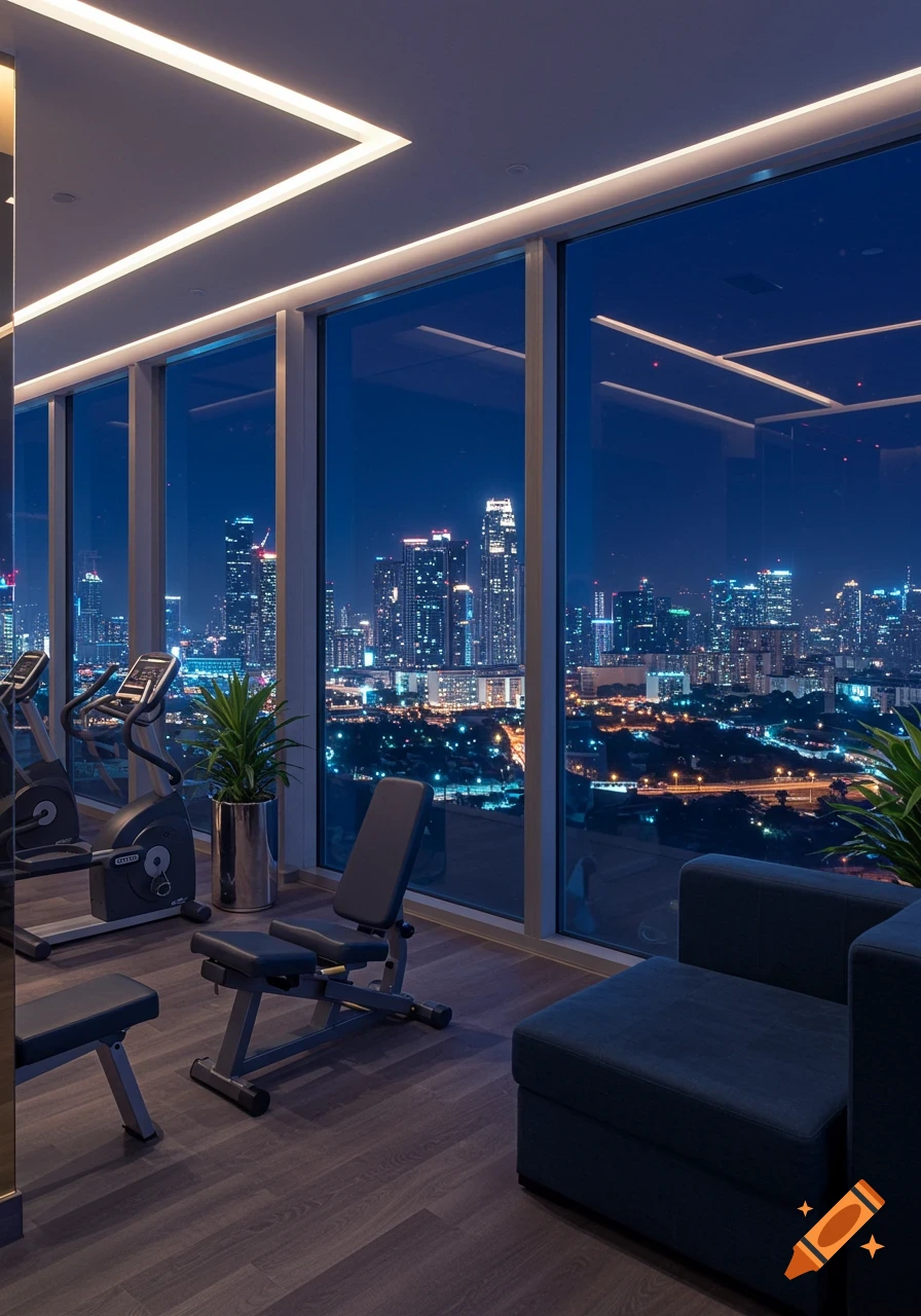 A modern gym with exercise equipment overlooking a vibrant city skyline ...