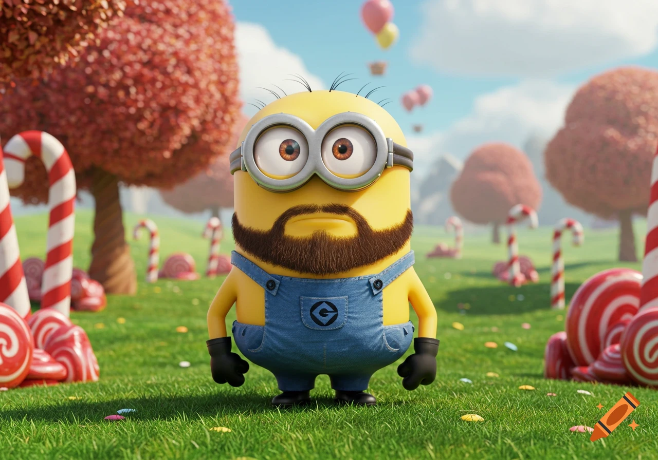 A bearded Minion in denim overalls stands in a candy-filled green field with lollipop trees and candy canes under a blue sky, 3D animated style.