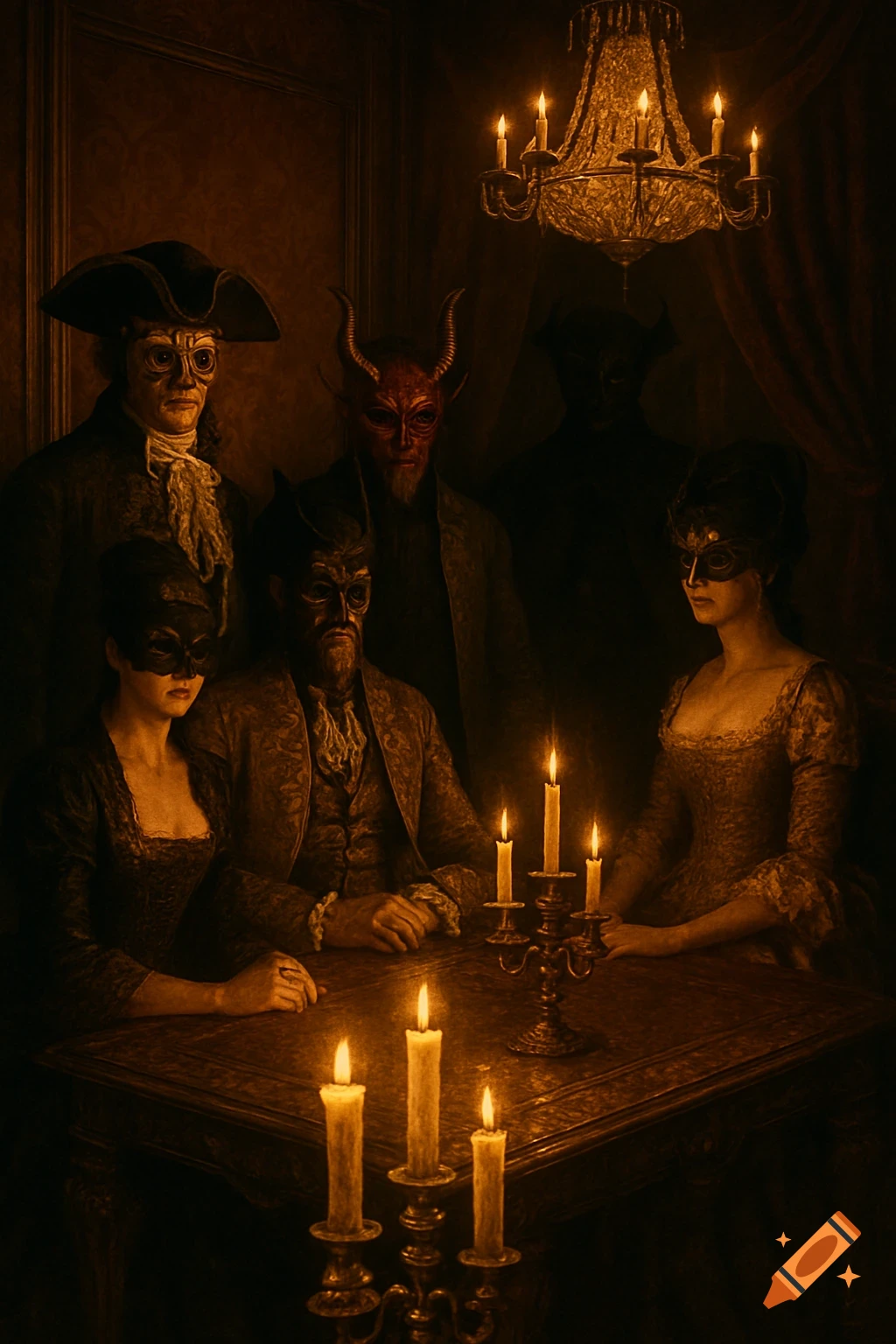 Masked figures, some with devil horns, sit at a candlelit table in a dark, gothic room in a painterly style.