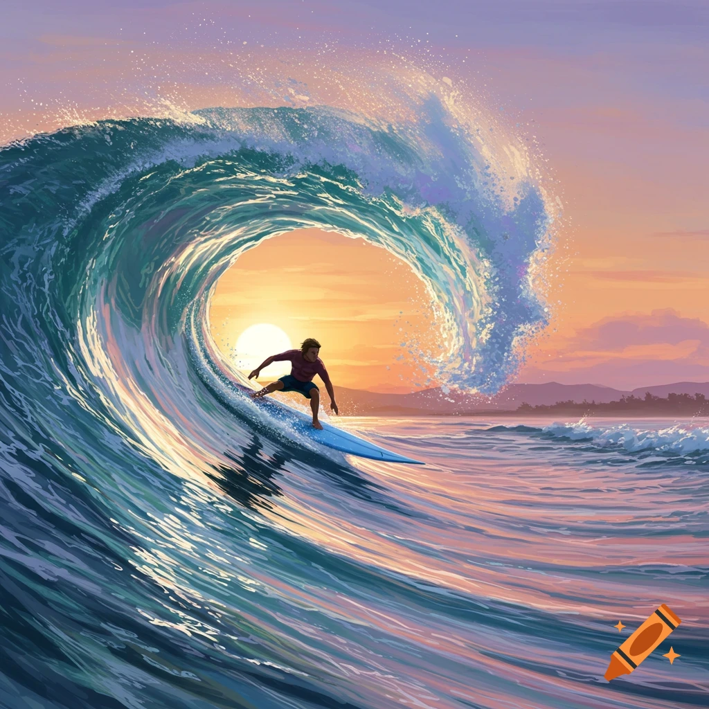 A surfer rides a large barrel wave during a vibrant sunset.