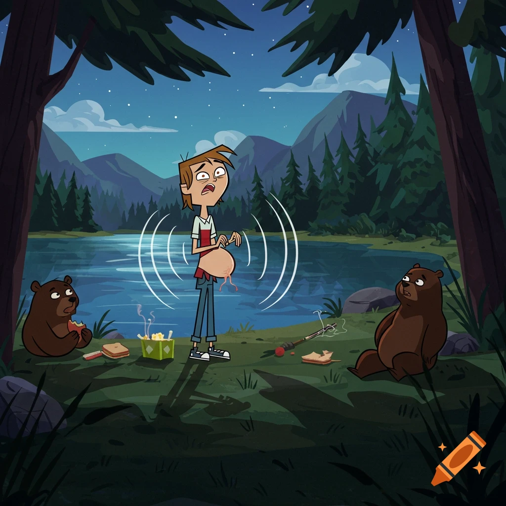A cartoon character with a distended, bursting stomach looks horrified by a lake at night, while two bears are nearby.