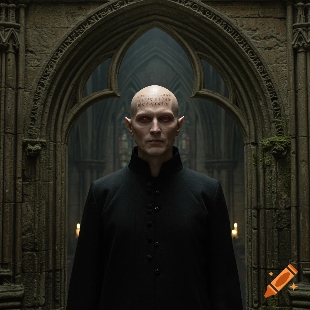 A bald man with glowing red eyes and pointed ears, wearing a black robe, stands in a gothic archway. Symbols are tattooed on his forehead. Photorealistic.