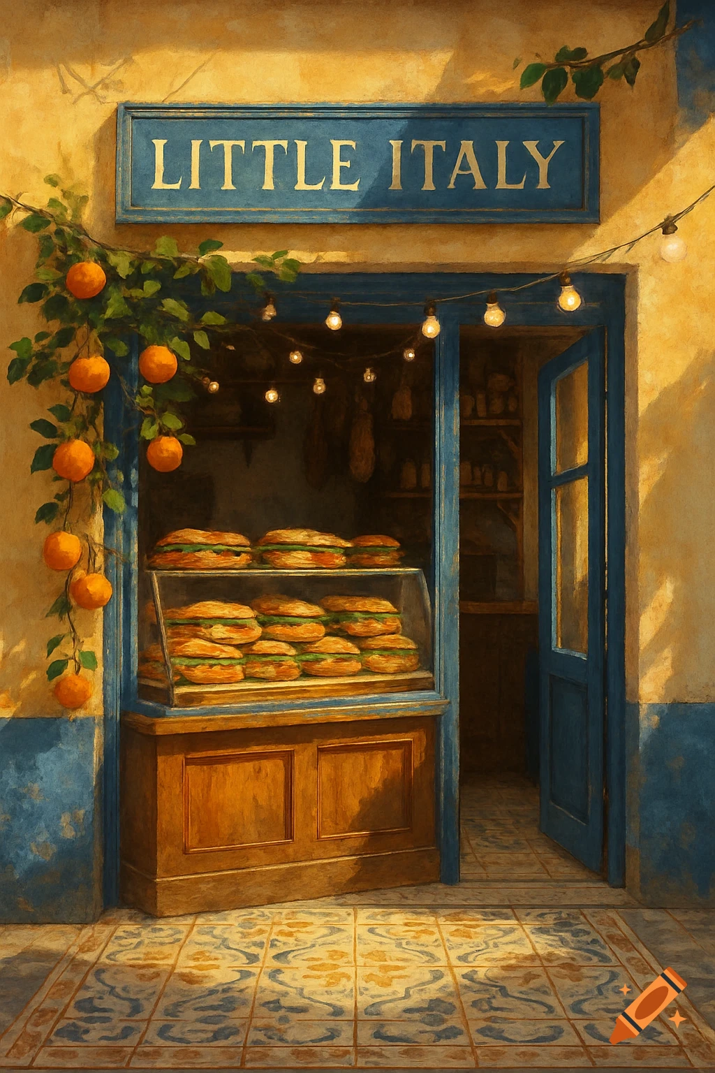 A painterly depiction of a vibrant yellow and blue Italian deli storefront with a 'Little Italy' sign, sandwiches, and hanging oranges.