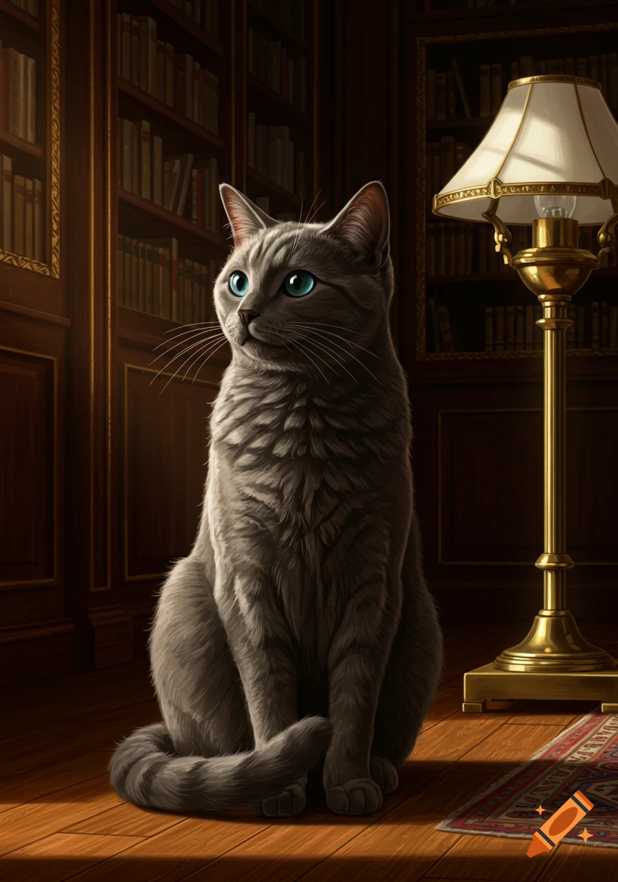 A grey cat with bright blue eyes sits on a wooden floor in a dimly lit library, surrounded by dark wooden bookshelves and a lamp.