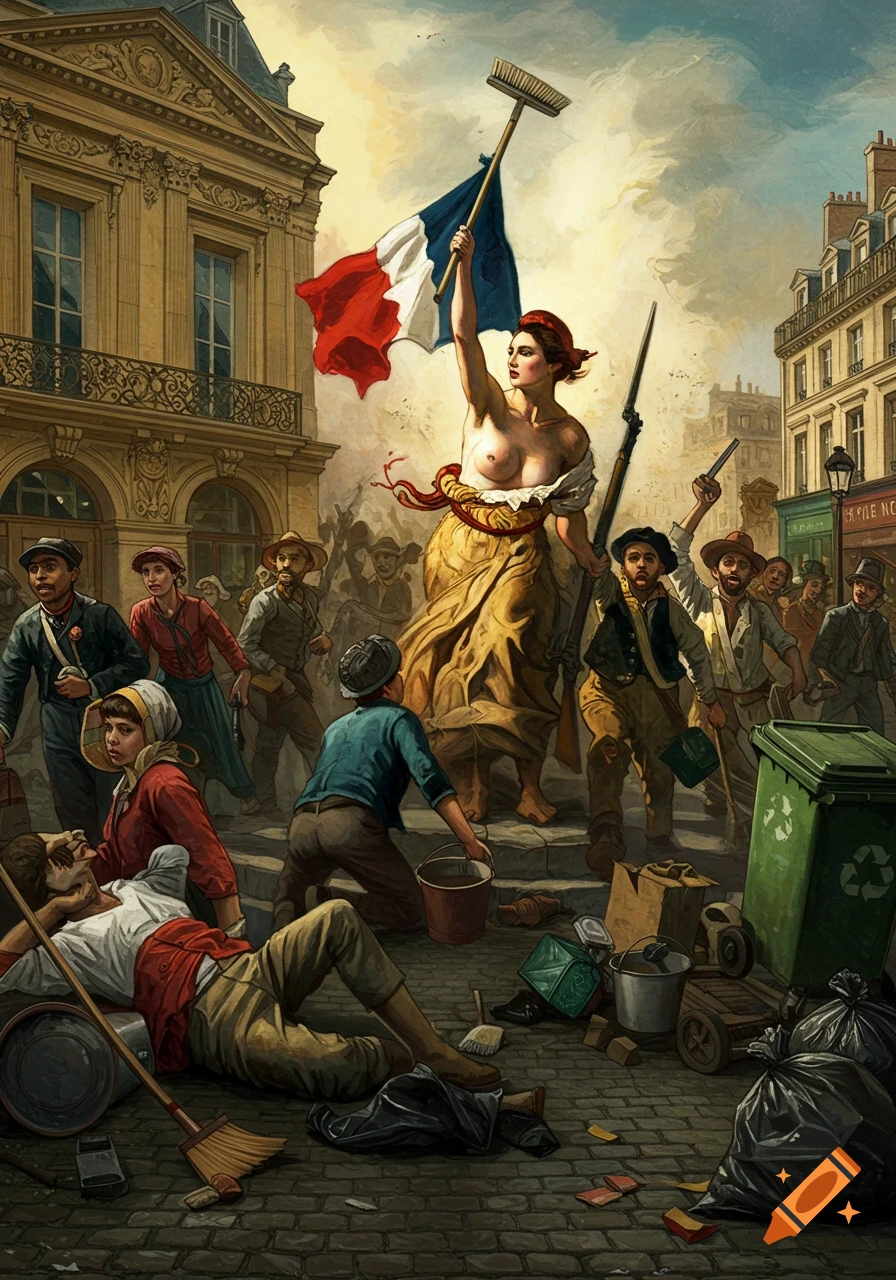 An oil painting of a bare-chested woman holding a broom like a French flag, leading a crowd of people cleaning a Parisian street. Style similar to Liberty Leading the People.