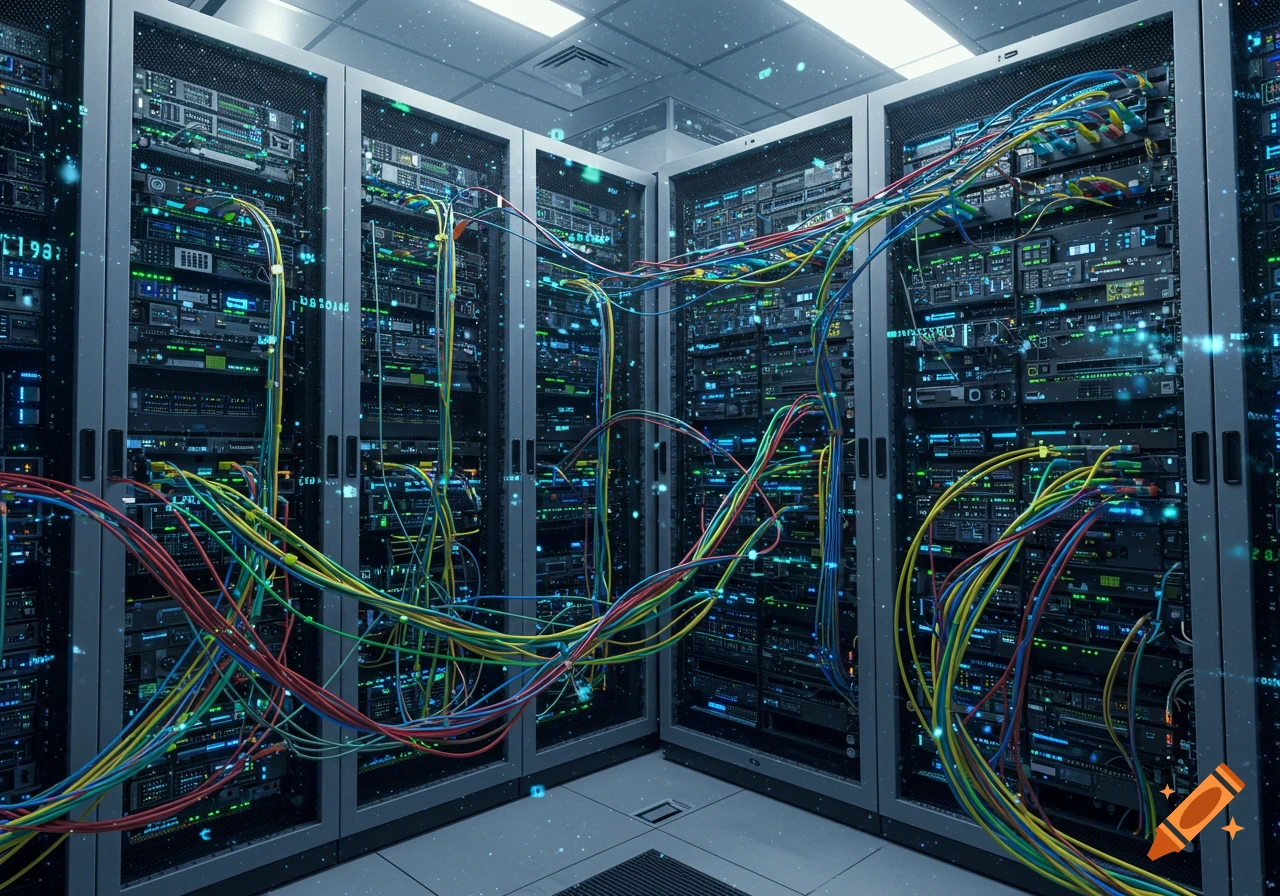 A photorealistic image of a data center with numerous server racks and a tangled mess of colorful network cables.