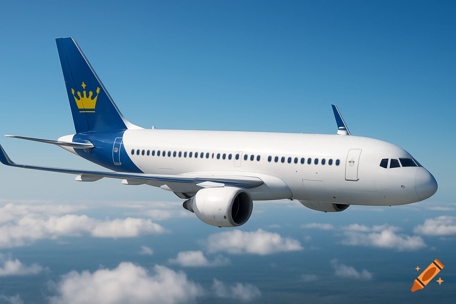 A white and blue passenger airplane with a golden crown logo on its tail flies above clouds in a clear blue sky, photorealistic.