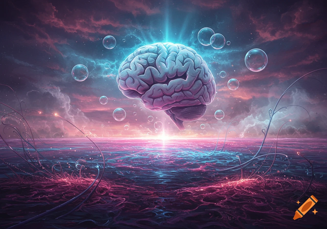 A glowing human brain floats above a surreal cosmic landscape with pink and blue water, glowing tendrils, and bubbles under a cloudy sky.